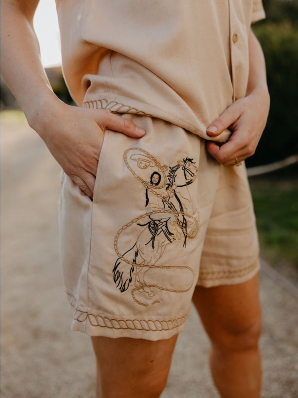 Embroidered Cream Western-Accent Women’s Bermuda Shorts